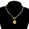 Luxo designer colar vintage esculpido moeda colares para mulheres de aço inoxidável cor ouro medalhão pingente longo gargantilha boho jóias collier