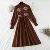 Casual Dresses Korean Vintage Puff Sleeve Knitted Dress Woman Autumn Winter 2022 Fashion A-line Slim Print Bottoming Elegant Vestidos