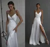 En linje Satin Bröllopsklänning V Neckline Spagetti Straps Brudklänning High Split Backless Vestido de Novia 2022 Robe de Mariage