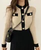 High Quality Fall Winter Pearl Buttons Single Breasted Cardigan Sweater Skirt Suits + Elastic Waist Draped Knitted Sets Outf 210514
