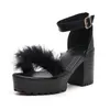 purple blue red fur female fur sandals platform heels chunky heel platform shoes and ankle strap high heels X0523