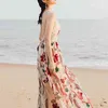 セクシーな夏のドレスビンテージファッション女性のアップリケの花刺繍メッシュミディシックスパゲッティストラップビーチホリデー210603