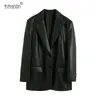 BBWM Women Fashion Faux Leather Suit Jacket Vintage Long Sleeve Pockets Back Vents Coats Female Chic Outerwear 210520