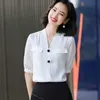 Été Rose Chemise Femmes Mousseline De Soie Mode Tempérament V Cou Demi Manches Blouses Bureau Dames Travail Tops Blanc 210604