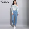 Tataria Dames SKEW Kraag Gestreepte Shirts met lange mouwen Mode Streetwear Bow Womens Tops en Blouses Chiffon Blouse Blusas 210514