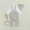 3 Stück Neugeborenes Baby, weicher Langarm-Strampler + Hose + Overall + Hut, einfache einfarbige Frühlingskleidung für Partys, 0–12 Monate G1023