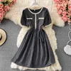 Vintage jurk vrouwen zomer koreaanse gewaad zoete temperament korte mouw vestidos hoge taille slanke plaid a-line jurken 210519