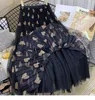 High waist pleated skirt women autumn winter Korean love mesh print Vintage long yarn woman s 210420