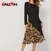Autumn Leopard Dress for Women Vintage Long Loose Sleeve Sexy Party winter Animal Print Elegant black 210428