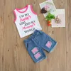 1-5y sommar casual barn barn flicka kläder set brev väst toppar denim shorts jeans outfits kostymer 210515