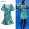 Летнее платье Зеленое цветочное принт рюши Африканская ES Женщина с коротким рукавом ruched mini Женщины Эластичные талии Vestidos 210430