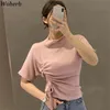 Shirts for Women Vintage Drawstring Tshirts Ropa Mujer Half Turtleneck Knitted Tees Summer Thin Tops Female 95666 210519