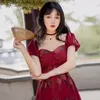 vintage Victorian square collar red embroidery midi A-line dress for women spring summer fashion lady dresses retro 210421