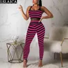 Mode Jumpsuit Mesh See Through Patchwork Striped Women Casual Ärmlös Skinny Sport Club Enterizos Para Mujer 210515