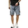 Män denim shorts streetwear elastiska midja breeches bermuda manlig stor ficka avslappnad halv jean sommar mode last 210716