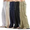 Mens Nature Cotton Linen Trousers Summer Pants Casual Male Solid Elastic Waist Straight Loose Pants Plus Size Fit 210707