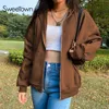 Sweetown Brown Aesthetic Hoodies Femmes Vintage Zip Up Sweat Veste D'hiver Vêtements Poches À Manches Longues Pulls À Capuche 211109