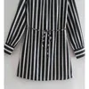 VUWWYV Black White Striped Mini Dresses for Women Retro Casual Smock Dress Woman Spring Long Sleeve Belt Ladies Vestidos 210430