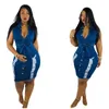 Sexig mode ärmbodycon mini drwomen sommar vestidos 2021 hål rippade jeans drlladies vintage tvättad denim klänning x0529