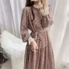 Mulheres chiffon vestido duas camadas outono inverno moda feminino manga longa vintage impresso vestidos casuais solto uma linha Vestido 210409
