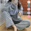 Hiver chaud femmes pyjamas ensemble flanelle pyjamas homewear sweat à capuche épais femme vêtements de nuit en peluche pyjama costume couleur unie 211112