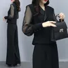 Herbst Schwarz Büro Zwei Stück Sets Outfits Frauen Plus Größe Langarm Tops und Breite Bein Hosen Koreanische Elegante Passenden anzug 210513