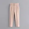 2020 Autumn New black suit pants woman high waist sashes pockets office ladies fashion middle aged pink yellow Q0801