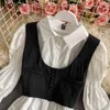 NAPOE Kadın Setleri Vintage Tasarım Puf Kollu Pileli Gömlek Düzensiz Siyah Yelek Dış Kore Chic Suit Iki Parçalı Kadın 210422