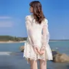 Ретро сладкий кружевной вышивка с длинным рукавом короткое платье женщина элегантный белый французский бабочка повседневный тонкий мини платья 210518
