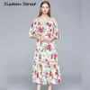 Automne Rose floral imprimé femme robe slash cou manches courtes vintage décontracté mi-mollet robe femme mode moulante 210603