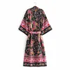 Floral Print Sashes Bohemian Vintage Dress Chic Kvinna Kimono Boho Klänningar Lacing Up Lång Loose Robe 210521