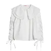 PEUT-ÊTRE U femmes chemise blanche col claudine ruché cordon simple boutonnage à manches longues solide chemisier chemise B0781 210529