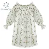 Elegant Fairy Chiffon Off Shoulder Dresses Summer Beach Holiday Floral Leaf Embroidery Flare Long Sleeve Mini Chic Vestiods 210515