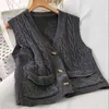 Autumn Spring V-Col V-Couleur Pull Sweater Vest Femme Twist Pocket Cardigan Sans Manches 210531