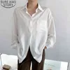 Koreańska luźna długi bluzka jesień biura pani solidna koszula polo kołnierz odzież damska shirty bluzki 11307 210417