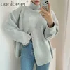 Winter Loose Turtle Neck Long-sleeved Women Thickened Solid Color Minimalist Split Pullover Knitted Sweater Clothing 210604