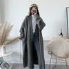 [EAM] Gray Big Size Long Knitting Cardigan Sweater Loose Fit V-Neck Long Sleeve Women Fashion Autumn Winter 1Y204 210917