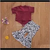 Ensembles bébé, ensemble de vêtements de maternité pour bébé fille haut à manches courtes tricoté côtelé rouge + pantalon à bas de cloche évasé léopard 6M-5Y enfants tenue pour enfants