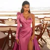 Rose Pink Pleat Satin Sexy One Shoulder Evening Dresses A Line High Split real picture For Women Party Night Celebrity Prom Gowns WJY591