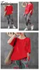 코튼 린넨 티셔츠 아트 스타일 꽃 자수 여름 여성 짧은 소매 O 넥 루스 빈티지 티셔츠 Femme Tops Red4XL 210514