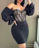 Casual Jurken Mandylandy Laag Uitgesneden Zwarte Bodycon Jurk Sexy Tube Top Vrouwen Slash Kraag Kant Lange Mouwen Strakke Hoge taille279p