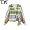 TRAF Femmes Mode Crossover Rayé Wrap Cropped Blouses Vintage À Manches Longues Côté Arc Attaché Femme Chemises Chic Tops 210415