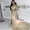 Champagne Mermaid Formal Aftonklänningar 2022 Långärmad Hög Slit Caftan Marocain Broderade Lace Arabiska Promoklök Vestidos De Fiesta