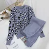 Moda retrò donna abiti lavorati a maglia leopardo manica lunga O-collo maglione + pantaloni Harem con taschino in vita set coreani 210930