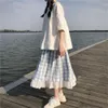 Japanese 2Pcs Suit Women Summer Doll Collar White Shirt + High Waist Plaid Pleated Long Skirt Korean Casual Harajuku Kawaii Set 210421