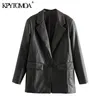 Women Fashion Faux Leather Pockets Loose Blazer Coat Long Sleeve Back Vents Female Outerwear Chic Tops 210420