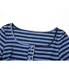 블루 스트라이프 스키니 작물 T 셔츠 여성 여름 반팔 Drawstring 레이스 위로 레트로 티셔츠 여성 스퀘어 칼라 egrin y2k 톱 210417