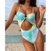 Tie-Dye Print Baddräkt Kvinnor Badkläder Kvinna Klipp ut Bodysuit Monokini Bather Badkläder Summer Beach Wear 210521