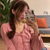 Chic Корейский тонкий сладкий розовый квадратный шеи с длинным рукавом на шнуровке повязки блузка женская мода урожайные вершины Blusas Mujer сексуальные рубашки 210429