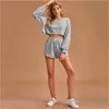 Women's Shorts Autumn Solid Color 2 Piece Sets Womens Outfits Summer Clothes Crop Top Long Sleeve Drawstring Casual Short Tracksuit Women